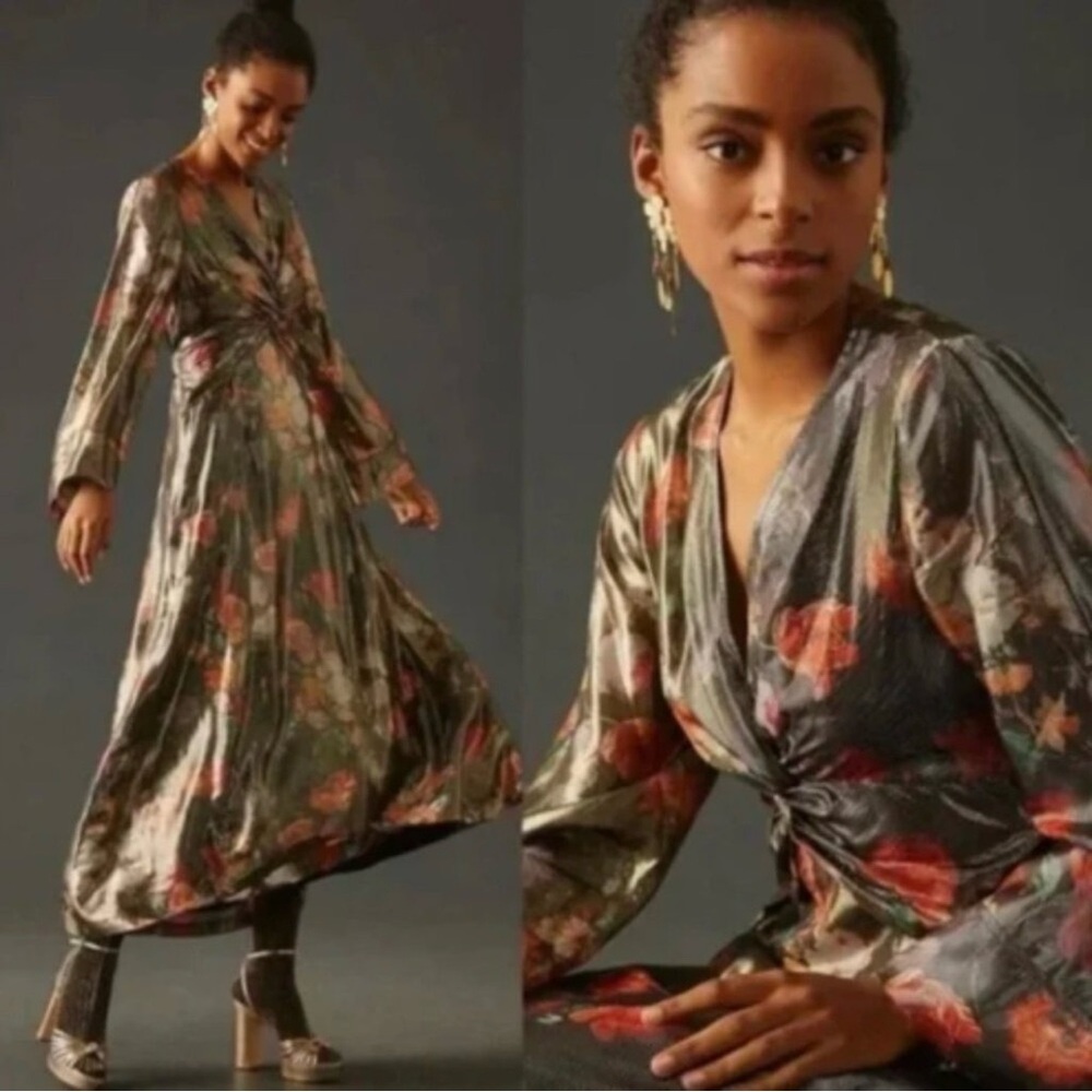 Anthropologie x Caballero Deep V Multicolor Long Sleeve Dress